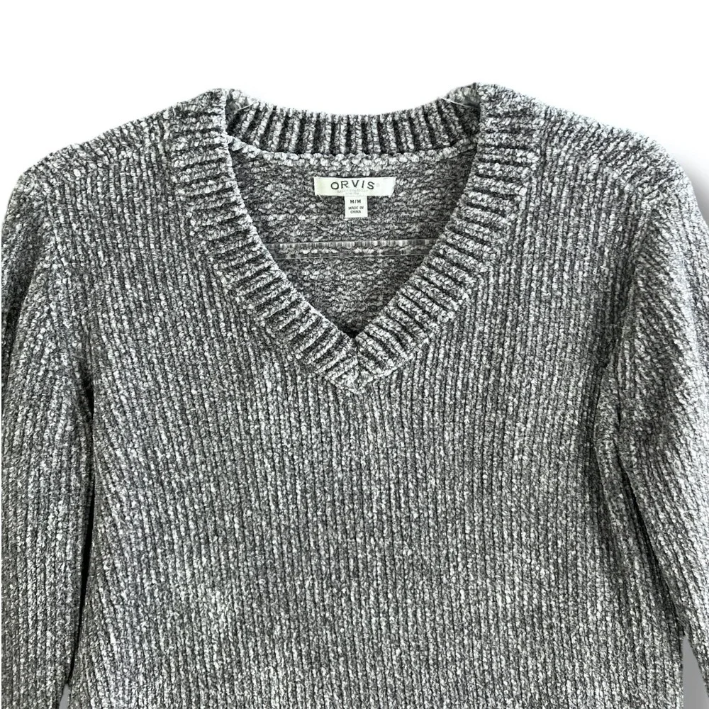 Orvis Sweater Womens Medium Gray Chenille Pullover‎ V Neck Long Sleeve Cozy Knit